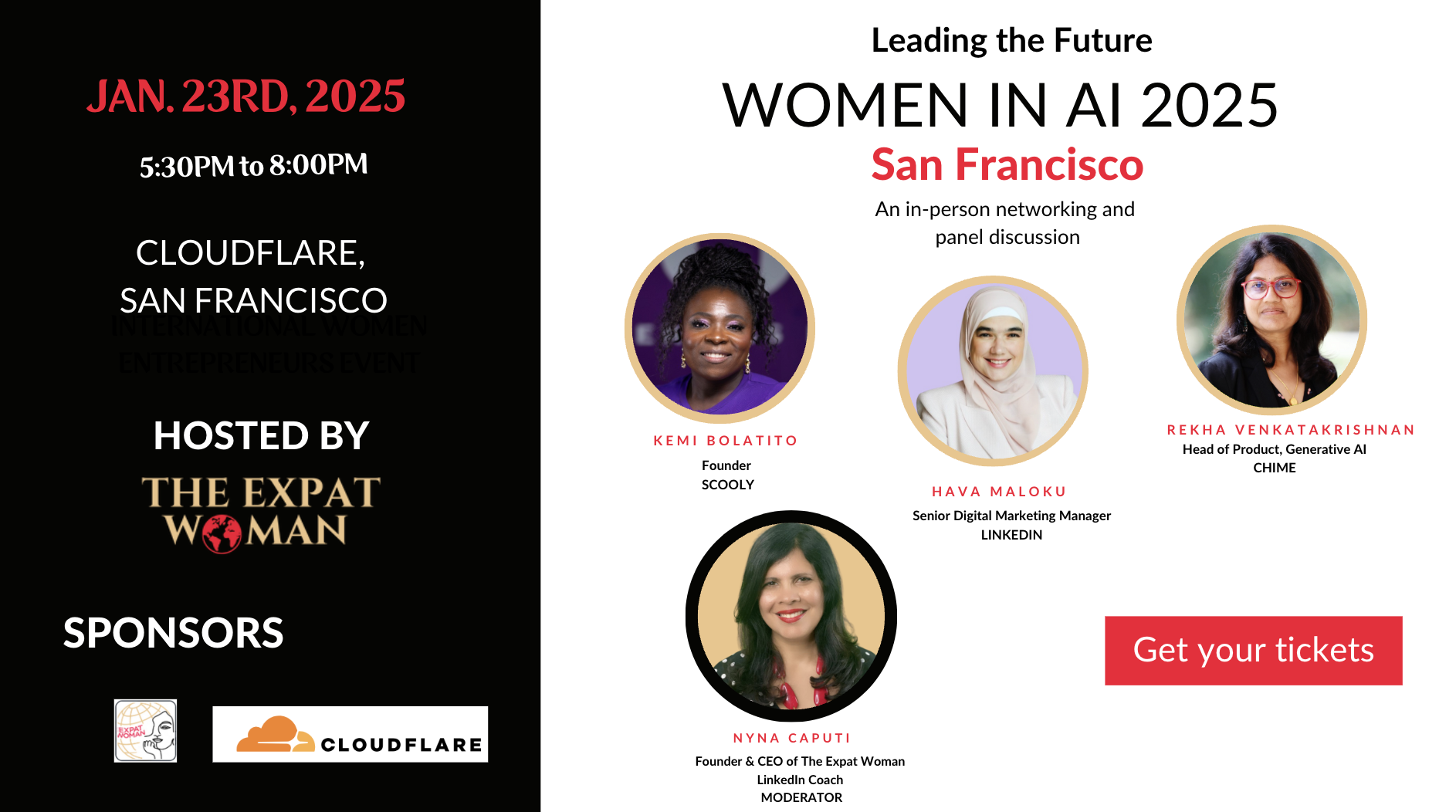 Image of the Expat Women in AI Panel Speakers Hava Maloku, Senior Digital Marketing Manager @LinkedIn Rekha Venkatakrishnan, Head of Product, Generative AI @Chime Kemi Bolatito, Founder @ Scooly. Moderated by Nyna Caputi, Founder /CEO of The Expat Woman and LinkedIn Trainer, Coach and Consultant